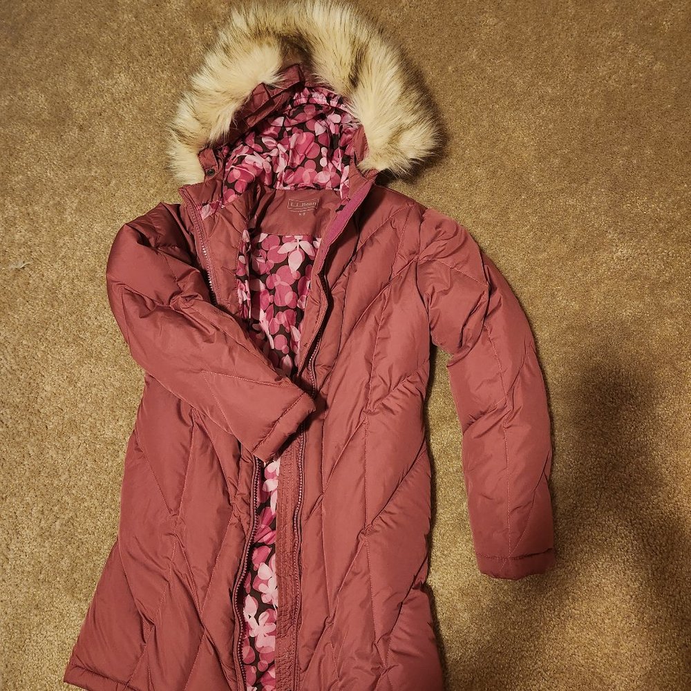 Girls Size 8 LL Bean Down Parka thigh length Pink/Maroon